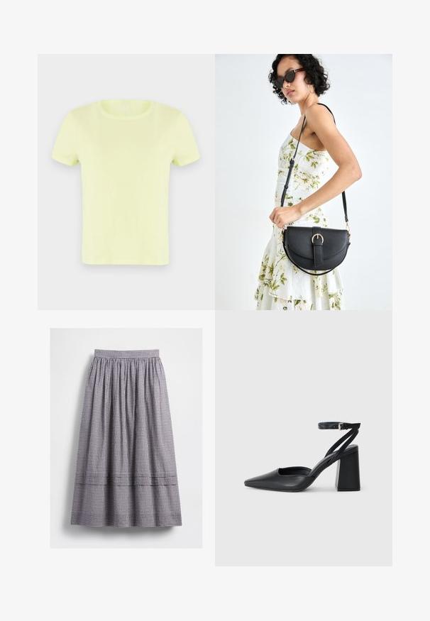 T-shirt jaune néon à manches courtes en coton. Doté d'un col rond classique et d'une texture lisse et légère.; Jupe midi à carreaux noirs et blancs, dotée d'une ceinture élastique, d'une texture froncée, et de détails de coutures apparentes le long de l'ourlet.; Escarpin noir en cuir à bout pointu avec une bride de cheville et un talon épais. Texture lisse, design élégant et esthétique minimaliste.; Sac à main en cuir noir avec une forme courbée, bandoulière amovible et des accessoires en or. Le sac est doté d'un rabat avec un détail de boucle.