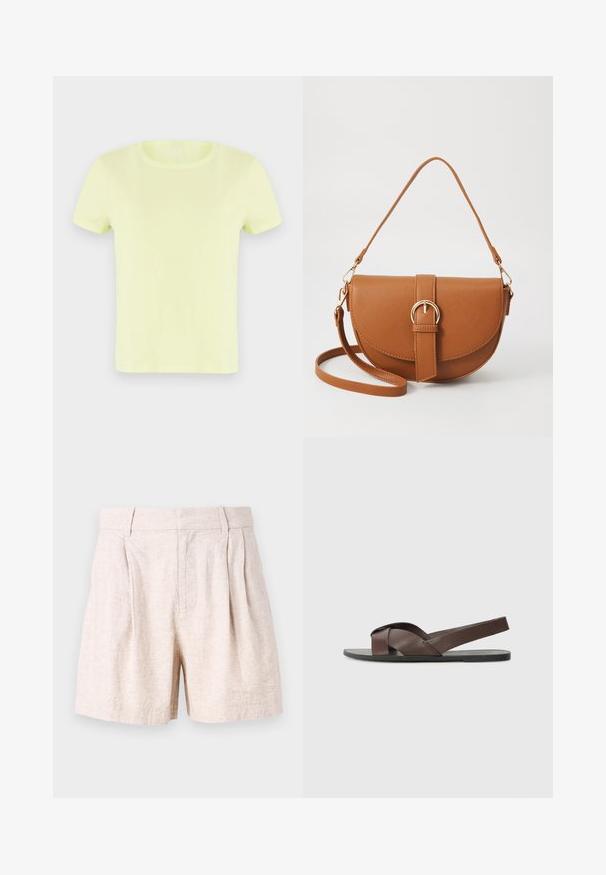 Neon yellow short-sleeve t-shirt made of cotton. Features a classic round neckline and a smooth, lightweight texture.; Beige linen shorts with a relaxed fit, featuring pleats at the front, side pockets, and a smooth texture. Plain design, no patterns.; Brown leather sandal with a cross-strap design, flat black sole, and adjustable back strap. Smooth texture and minimal hardware details.; Brown leather crossbody bag with a curved shape, gold hardware, and a buckle accent. Features a detachable shoulder strap.