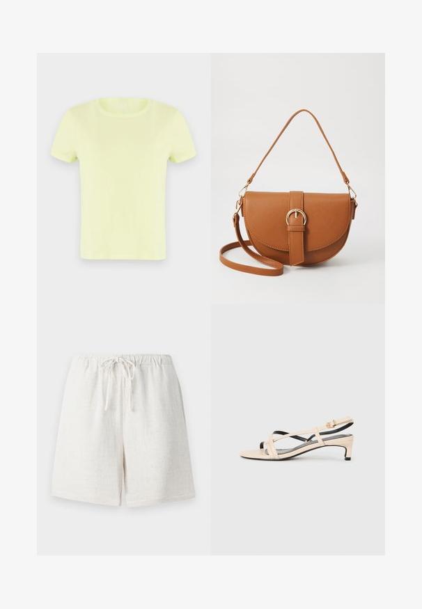 Neon geltonos trumpomis rankovėmis marškinėliai, pagaminti iš medvilnės. Su klasikinio apvalaus kaklo dizainu ir lygia, lengva tekstūra.; Lino šortai kreminės baltos spalvos su elastine juostos ir raišteliu. Turintys tekstūruotą paviršių ir laisvą siluetą.; Bežiniai odiniai sandalai su kryžminiais dirželiais, mažu kulnu ir juodais akcentais. Lygi tekstūra ir minimalistinis dizainas.; Ruda odinė kryžminė rankinė, turinti kreivą formą, auksinius metalinius elementus ir sagtį. Yra nuimama petneša.