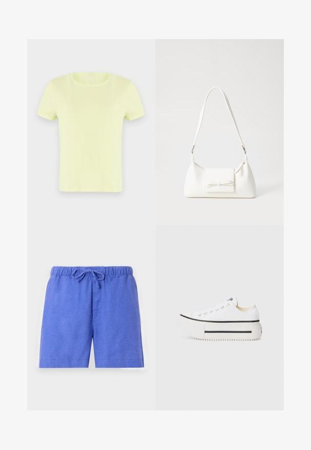 Neona rumena kratka majica iz bombaža. Ima klasičen okrogli izrez in gladko, lahkotno teksturo.; Modri šortsi iz lahkega materiala, s elastiko v pasu in vrvico za prilagajanje ter enim sprednjim žepom.; Beli platvormski tenisi iz platna z črnim gumijastim čevljem, okrogla konica in kovinske luknje, ki se ponašajo s preprostim, čistim dizajnom.; Bela sintetična torbica v obliki trikotnika, z ravnim sprednjim poklopcem in detajlom mašne, nastavljivim trakom, gladko teksturo in minimalističnim dizajnom.