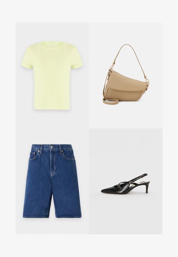 camiseta de algodón de manga corta en amarillo neón. Presenta un escote redondo clásico y una textura suave y ligera.; Shorts de mezclilla en azul oscuro con un ajuste clásico, diseño de cinco bolsillos y costuras naranjas. Terminados con un cierre frontal de botón y cremallera.; Zapato slingback de cuero negro con punta afilada, que presenta tiras delgadas y hebillas metálicas, sobre un tacón cónico de 6 cm. Textura suave.; Even&Odd Bolso de mano - beige