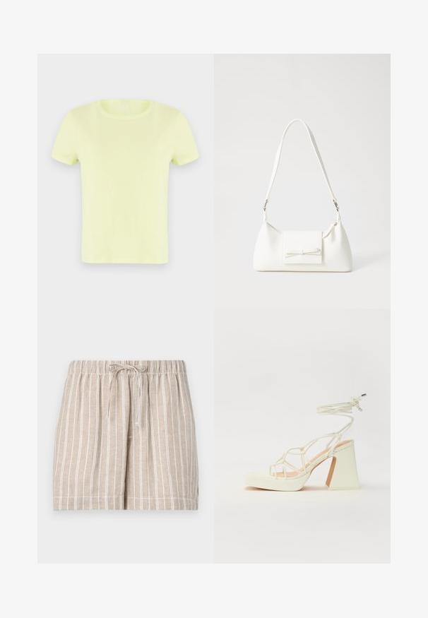 Neona rumena kratka majica iz bombaža. Ima klasičen okrogli izrez in gladko, lahkotno teksturo.; Bež lanene kratke hlače z belimi navpičnimi črtami, elastičnim pasom in vrvico. Ohlapen dizajn vključuje šivane robove in stranske žepke.; Bela sandala na visokih petah s debelim petam, ki ima obliko trakcev in vezanje okoli gležnja. Gladka tekstura z platformo spredaj za dodatno višino.; Bela sintetična torbica v obliki trikotnika, z ravnim sprednjim poklopcem in detajlom mašne, nastavljivim trakom, gladko teksturo in minimalističnim dizajnom.