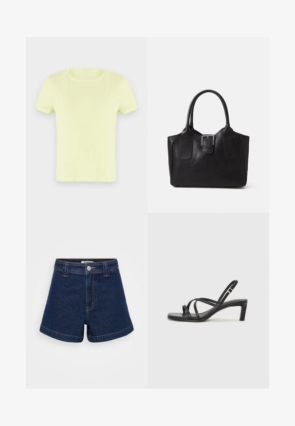 Neon yellow short-sleeve t-shirt made of cotton. Features a classic round neckline and a smooth, lightweight texture.; Dark blue denim shorts with a straight cut, featuring a front button closure, belt loops, and hemmed edges. No visible patterns or embellishments.; Black strappy sandal with a square toe and a low block heel. Features multiple thin straps and an adjustable ankle strap. Made of smooth leather.; Black leather tote bag with smooth texture, structured shape, two handles, and a prominent silver buckle detail on the front.