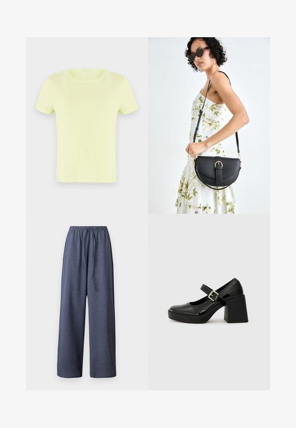 Neon yellow short-sleeve t-shirt made of cotton. Features a classic round neckline and a smooth, lightweight texture.; Wide-leg pants in navy blue, featuring a textured fabric, elastic waistband, and adjustable drawstring. No pockets visible.; Black patent leather Mary Jane heels with a round toe, wide block heel, adjustable buckle strap, and textured sole.; Black leather handbag with a curved shape, detachable strap, and gold hardware. The bag features a flap with a buckle detail.
