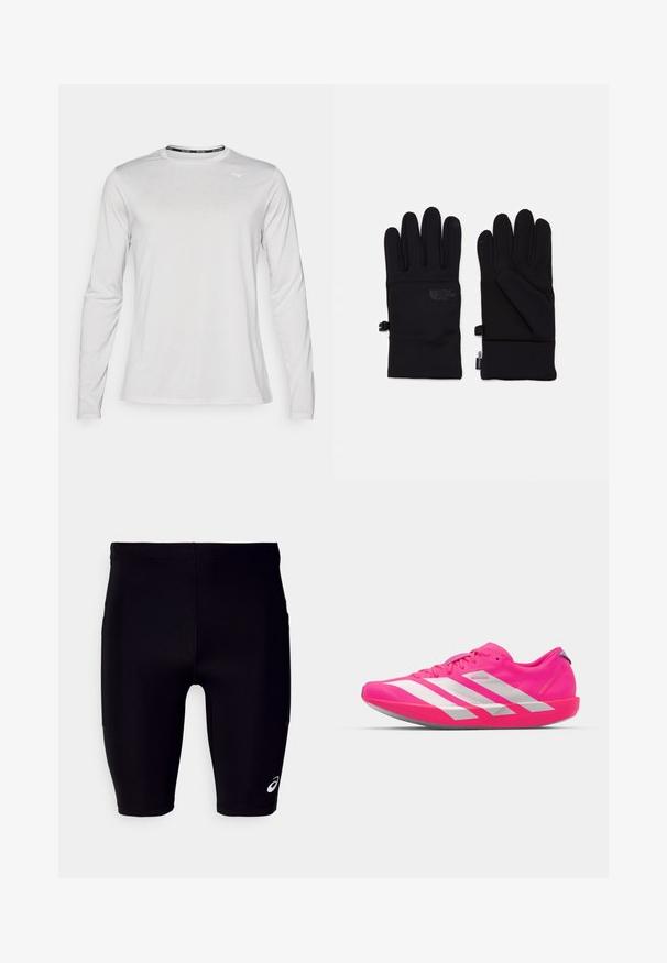 Langærmet atletisk skjorte i lys grå stof, med rund halsudskæring med en sort detalje, glat tekstur og et lille hvidt logo foran.; Sorte træningsshorts lavet af strækbart materiale, med en tætsiddende pasform, knælangt design og et lille hvidt logo på den nedre side.; adidas Performance ADIZERO ADIOS 9 M - Træningssko - shock pink/metallic/silver violet; Sorte handsker lavet af strækbart stof med et elegant design. Funktioner inkluderer en berøringsskærm-kompatibel spids og teksturerede greb-accenter.