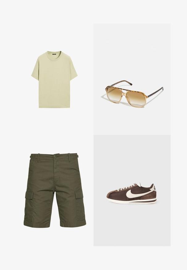 Ljusgrön bomullströja med korta ärmar, rund hals och avslappnad passform. Enkel, enfärgad utan synliga mönster eller utsmyckningar.; Olivgrön cargoshorts i lättviktstyg, med två sidofickor med lock, bältesslingor och knäppning med knapp.; Bruna sneakers med en kombination av mocka och kanvasmaterial, med en vit Nike swoosh-logotyp och en strukturerad gummisula.; Sköldpaddsögon med rektangulär ram, bruna gradientlinser och slanka svarta glasögonarmar med subtila logotypdetaljer.; Rektangulär roséguld klocka med vit urtavla, minimalistiska timmarkörer och en länkad metalarmband. Har en krona på högra sidan.
