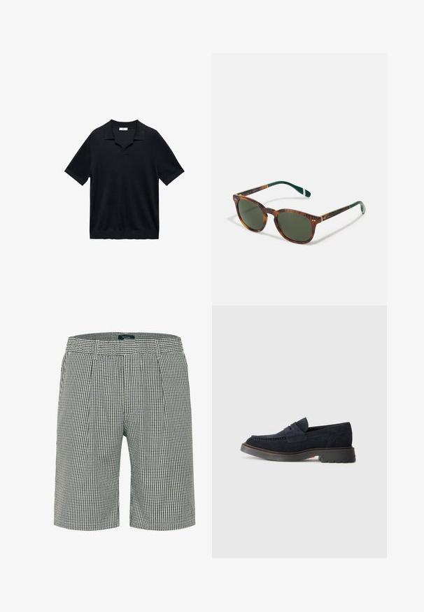 Polo shirt noir à manches courtes avec un col en V, col plat et texture côtelée. Le matériau semble léger et lisse.; Shorts pour hommes ajustés dans un motif à carreaux bleu marine et crème. Présente un devant plat, deux poches latérales et une taille avec passants de ceinture.; Mocassins en daim bleu marine avec un bout arrondi, une couture décorative et une semelle en caoutchouc légèrement surélevée. Matériau et design durables.; Lunettes de soleil en écaille de tortue avec des verres verts, forme arrondie, accents dorés et branches vertes foncées avec une rayure blanche.