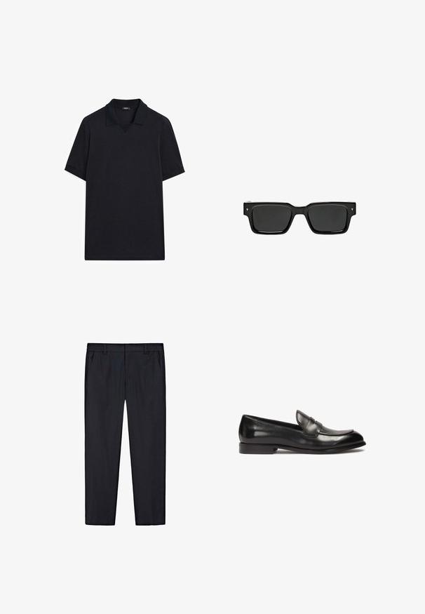 Czarny polo z bawełny. Charakteryzuje się dekoltem w kształcie litery V, krótkimi rękawami oraz prostym wzornictwem bez deseni czy akcentów.; Czarne spodnie proste z elastycznym pasem, pętelkami na pasek i bocznymi kieszeniami, wyłożone na białym tle.; Czarne skórzane mokasyny z niskim obcasem, charakteryzujące się przeszytym noskiem w stylu mokasynowym oraz wzorem na przednim panelu. Gładka tekstura z polerowanym wykończeniem.; Czarne prostokątne okulary przeciwsłoneczne z ciemnymi soczewkami, błyszcząca plastikowa oprawka i małe akcenty z logo na zausznikach. Płaski profil i ostre krawędzie.
