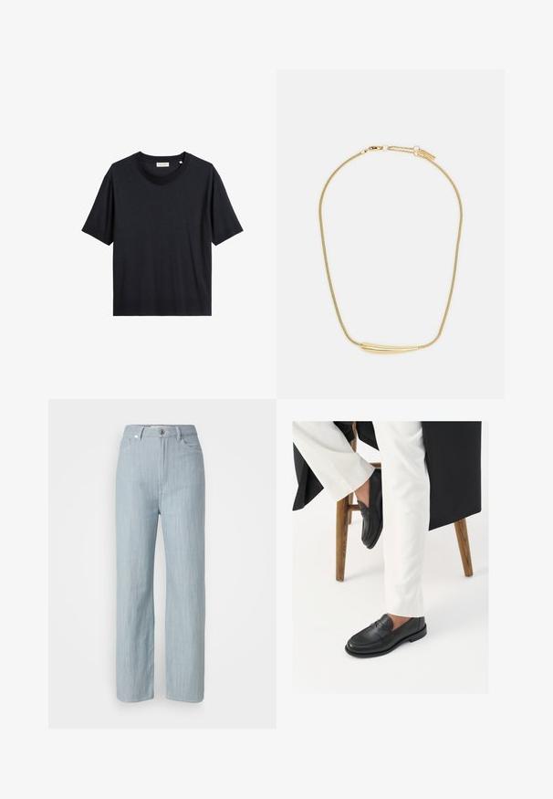 Czarna bawełniana koszulka z okrągłym dekoltem, krótkimi rękawami i luźnym krojem. Materiał wydaje się gładki z delikatnym połyskiem.; Jasnoniebieskie jeansy o prostym kroju wykonane z denimu. Posiadają pięć kieszeni, zapięcie na metalowy guzik oraz subtelne przetarcia nadające teksturę.; Czarne skórzane loafersy o gładkiej fakturze i szerokim pasku, noszone z białymi eleganckimi spodniami. Obcas ma płaski design.; Złocony naszyjnik z gładkim, zakrzywionym centralnym akcentem. Posiada elastyczny łańcuszek z zapięciem typu homar oraz dodatkowymi regulowanymi ogniwami łańcucha.