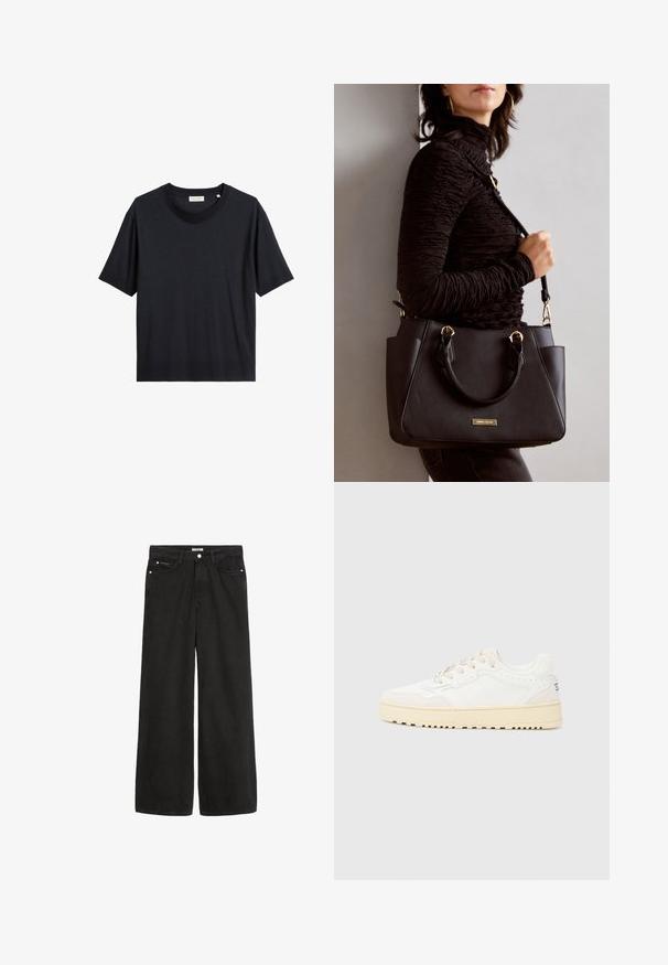 Zwarte katoenen T-shirt met ronde hals, korte mouwen en een relaxte pasvorm. De stof lijkt glad met een subtiele glans.; Zwarte denim jeans met wijde pijpen en een hoge taille. Bevat vijf zakken, metalen beslag en een nette afwerking. De textuur is glad en zacht.; Witte sneaker met een bovenwerk van getextureerd leer, beige accenten, ronde neus en een dikke, getextureerde rubberen zool. Voorzien van zes vetersluitingen.; Zwarte handtas met gestructureerd oppervlak, dubbele bovenhandvatten en verstelbare schouderriem. Voorzien van goudkleurige hardware en zijzakken.