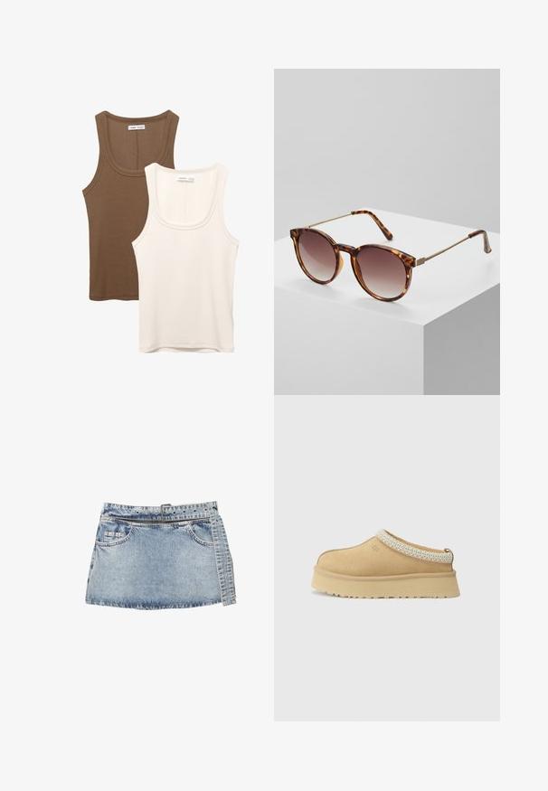 Zwei Tanktops: eines in Dunkelbraun mit gerippter Textur und breiten Trägern, das andere in Cremefarbe, glattes Material mit ähnlichem Design.; Blaue Denim-Minirock mit einem taillierten Bund, Gürtelschlaufen und Fronttaschen. Verfügt über einen rohen Saum und eine verblasste Textur mit Nähakzenten.; Beige Wildleder Slipper mit gepolstertem Kragen und strukturiertem hellblauen Akzent. Verfügt über eine dicke, strapazierfähige Außensohle mit gemusterter Profilierung.; Schildpatt-Sonnenbrille mit Verlaufsgläsern und dünnen goldenen Metallakzenten. Verfügt über runde Fassungen und schlanke Bügel für einen modernen Look.; Goldene Creolen mit einer glatten, polierten Oberfläche, ausgestattet mit einem schwenkbaren Verschluss und einem abgerundeten, elongated Design.