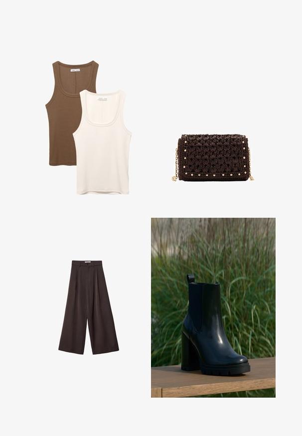 Dwa topy: jeden w ciemnym brązie z prążkowanej tekstury i szerokimi ramiączkami, drugi w kolorze ecru, gładki materiał w podobnym stylu.; Czarne spodnie z szerokimi nogawkami i wysokim stanem, z plisami z przodu oraz zapięciem na guzik w talii, wykonane z gładkiego materiału.; Czarne, błyszczące skórzane botki za kostkę z grubym, wysokim obcasem i pętelką do zakupu, wyeksponowane na drewnianej powierzchni z tłem z zielonej, wysokiej trawy.; Brązowa pleciona kopertówka o teksturowanym wykończeniu, z elementami ze złotego metalu i ozdobnymi ćwiekami wzdłuż brzegów. Posiada łańcuszkowy pasek.