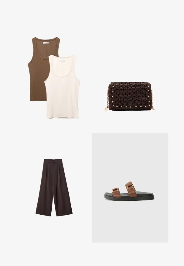 Dva topa: jedan u tamnosmeđoj boji s rebrastom teksturom i širokim naramenicama, a drugi u boji slonovače s glatkom tkaninom i sličnim dizajnom.; Crne široke hlače s visokim strukom, s prednjim plisiranjima i kopčanjem na dugme u struku, izrađene od glatkog materijala.; Smeđe kožne sandale na klizanje imaju dva široka remena s zlatnim detaljima, a nalaze se na teksturiranoj crnoj gumene potplat.; Smeđa tkana torbica s teksturiranim finišom, zlatnim hardverom i ukrasnim čavlima duž rubova. Ima lančić za nošenje.