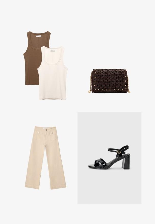 Dve majice brez rokavov: ena v temno rjavi barvi z rebrastim teksturo in širokimi naramnicami, druga v off-white, gladkem materialu s podobnim dizajnom.; Bež hlače širokega kroja iz mehkega bombaža, z dvema sprednjima žepoma in srebrnimi elementi, ravno krojene in natančno dokončanimi robovi.; Črne lakirane sandale na visoki peti z blok peto, z prepletenimi sprednjimi trakovi in nastavljivim gležnjačnim trakom z zlatim sponko.; Rjava pletena torbica za večerjo z teksturiranim zaključkom, z zlato obarvanimi dodatki in dekorativnimi žebljički ob robovih. Ima verižni trak.