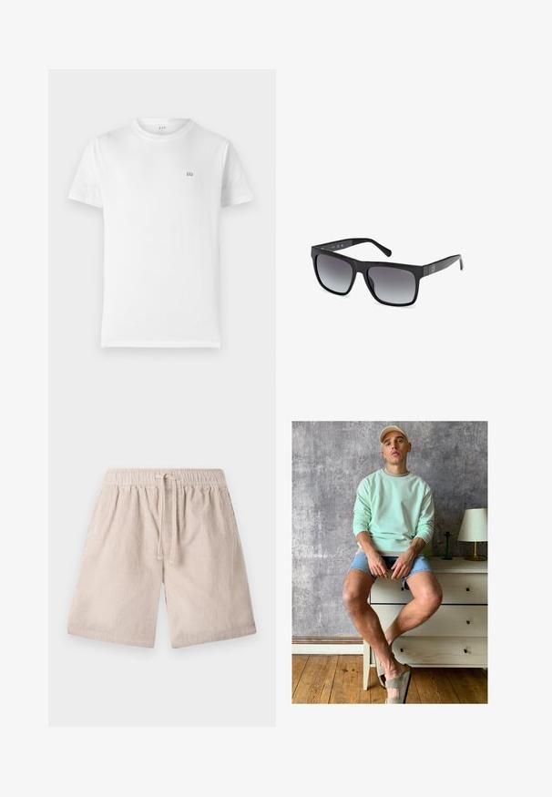 Bílý bavlněný tričko s klasickým kulatým výstřihem, krátkými rukávy a malým šedým logem GAP na levé části hrudi. Jednoduchý, nezdobený design.; Krátký rukáv košile s knoflíky z bílé látky s vertikálními pruhy v růžové a zelené barvě. Má kapsu na levé straně.; Béžové kordové šortky s elastickým pasem a šňůrkou, s vertikálním ribbovaným vzorem a bočními kapsami.; Mátově zelená mikina, džíny šortky a olivově zelené slip-on boty. Sedící na světlé komodě proti texturované šedé zdi.; Guess Sluneční brýle - glossy black smoke gray