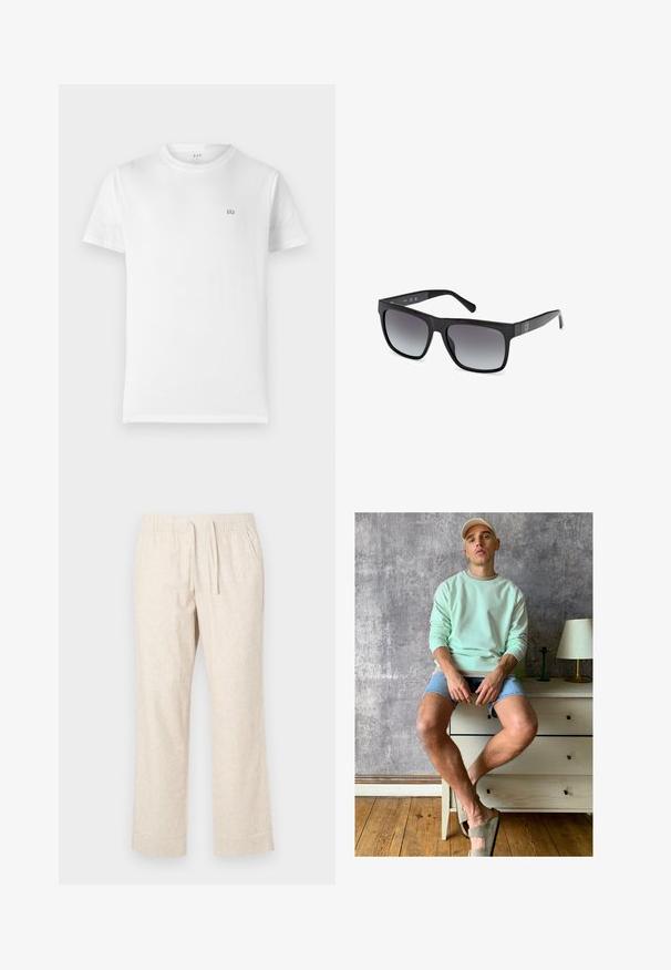 Vit bomull t-shirt med klassisk rund hals, korta ärmar och en liten grå GAP-logotyp på vänster bröst. Enkel, odekorerad design.; Kortärmad skjorta med knappar i vitt tyg med vertikala ränder i rosa och grönt. Har en ficka på vänster sida.; Beige linnbyxor med elastiskt midjeband och snöre. Rak bendesign med en lätt textur och subtilt vävt mönster.; Mintgrön sweatshirt, denimshorts och olivgröna slip-ons. Sitter på en ljus byrå mot en strukturerad grå vägg.; Guess Solglasögon - glossy black smoke gray