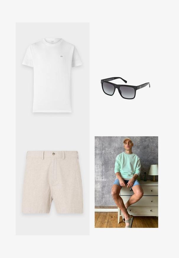 Weißes Baumwoll-T-Shirt mit klassischem Rundhalsausschnitt, kurzen Ärmeln und kleinem grauen GAP-Logo auf der linken Brust. Einfaches, unaufdringliches Design.; Kurzärmliges Hemd in weißem Stoff mit vertikalen Streifen in Pink und Grün. Mit einer Tasche auf der linken Seite.; Leinen-Shorts in hellem Beige, mit Knopfverschluss und klassischem Schnitt sowie dezenter Struktur. Keine Taschen im Design sichtbar.; Mintgrüner Sweatshirt, Jeansshorts und olivgrüne Slipper. Sitzt auf einer hellen Kommode vor einer strukturierten grauen Wand.; Guess Sonnenbrille - glossy black smoke gray