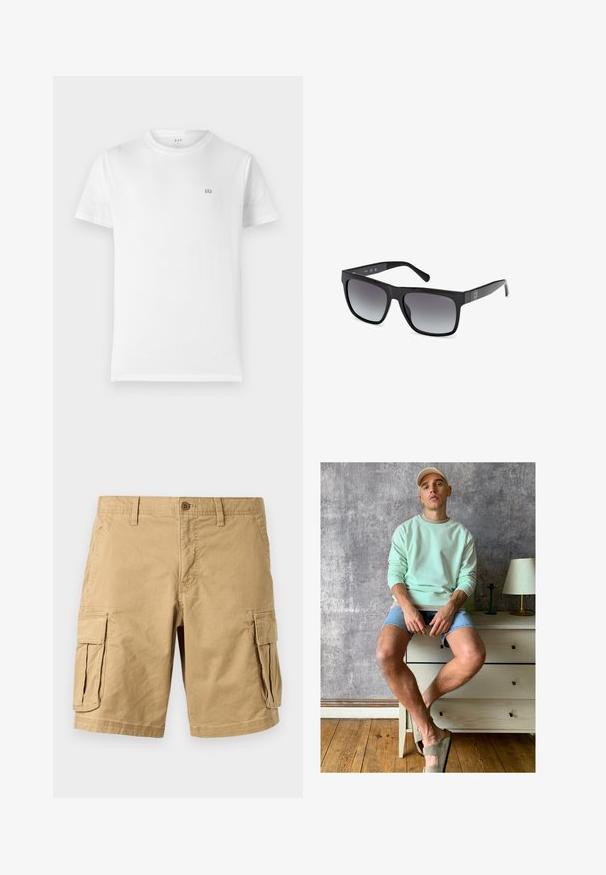 Weißes Baumwoll-T-Shirt mit klassischem Rundhalsausschnitt, kurzen Ärmeln und kleinem grauen GAP-Logo auf der linken Brust. Einfaches, unaufdringliches Design.; Beige Cargo Shorts aus leichtem Baumwollstoff, ausgestattet mit zwei großen Seitentaschen, einem Knopfverschluss und Gürtelschlaufen. Glatte Textur.; Mintgrüner Sweatshirt, Jeansshorts und olivgrüne Slipper. Sitzt auf einer hellen Kommode vor einer strukturierten grauen Wand.; Guess Sonnenbrille - glossy black smoke gray