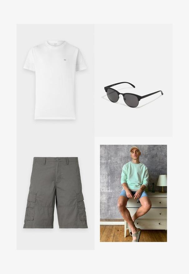 T-shirt en coton blanc avec un col rond classique, des manches courtes et un petit logo GAP gris sur la poitrine gauche. Design simple et sans ornements.; Shorts cargo gris avec fermeture à bouton, plusieurs poches latérales et détails de couture. Fabriqués en tissu léger et durable.; Sweatshirt vert menthe, shorts en denim et chaussures à enfiler vert olive. Assis sur un bureau en bois clair contre un mur texturé gris.; Lunettes de soleil noires avec des verres ronds, finition mate et une forme distinctive en œil de chat. Monture fine avec un logo discret sur la branche gauche.