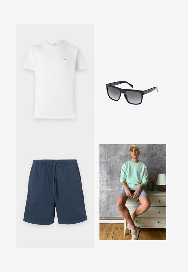 Valkoinen puuvillapaita klassisella pyöreällä kaula-aukolla, lyhyillä hihoilla ja pienellä harmaalla GAP-logolla vasemmassa rinnassa. Yksinkertainen, koristamaton muotoilu.; Tummansiniset puuvillahortsit, joissa on joustava vyötärö ja nyöri. Varustettu sivutaskuilla ja suoremmalla leikkauksella.; Minttivihreä huppari, farkkushortsit ja oliivinvihreät liukuvaatteet. Istuu vaaleanvärisen lipaston päällä, joka on tekstuuritetun harmaan seinän nojalla.; Guess Aurinkolasit - glossy black smoke gray