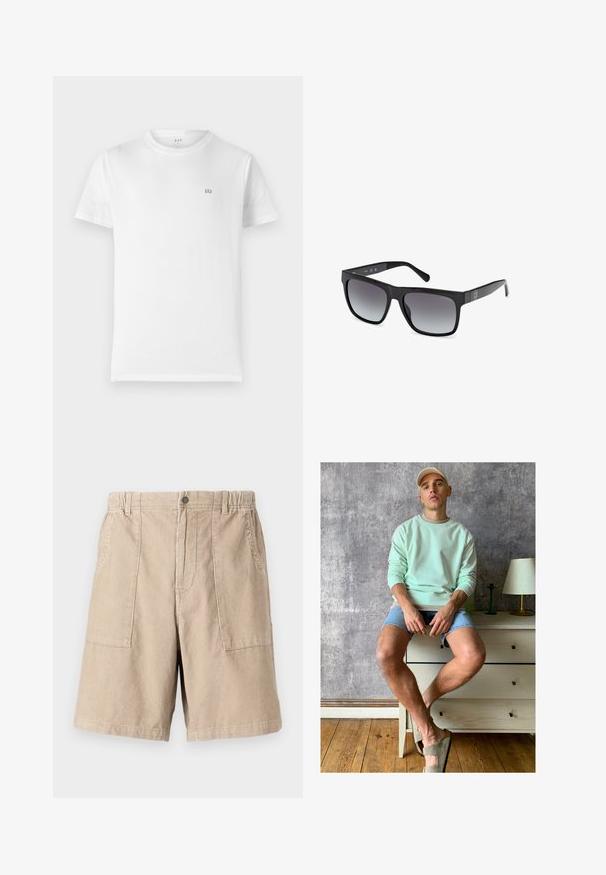 Witte katoen t-shirt met een klassieke ronde hals, korte mouwen en een klein, grijs GAP-logo op de linkerkant van de borst. Eenvoudig, onopgesmukt ontwerp.; Beige corduroy shorts met een gestructureerde stof, twee zijzakken, een elastische tailleband en een enkele knoopsluiting.; Muntgroene sweatshirt, denim shorts en olijfgroene instappers. Zittend op een lichtgekleurde ladekast tegen een gestructureerde grijze muur.; Guess Zonnebril - glossy black smoke gray