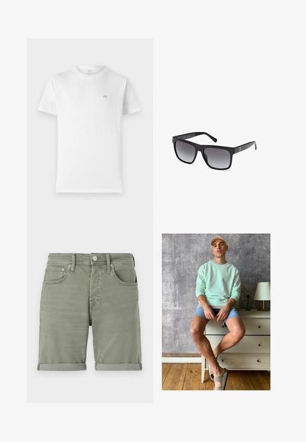 Valkoinen puuvillapaita klassisella pyöreällä kaula-aukolla, lyhyillä hihoilla ja pienellä harmaalla GAP-logolla vasemmassa rinnassa. Yksinkertainen, koristamaton muotoilu.; Vihreät farkkushortsit käännetyllä helmalla, etutaskuilla, nappikiinnityksellä ja kevyellä haalistumisella rennon ilmeen saavuttamiseksi.; Minttivihreä huppari, farkkushortsit ja oliivinvihreät liukuvaatteet. Istuu vaaleanvärisen lipaston päällä, joka on tekstuuritetun harmaan seinän nojalla.; Guess Aurinkolasit - glossy black smoke gray