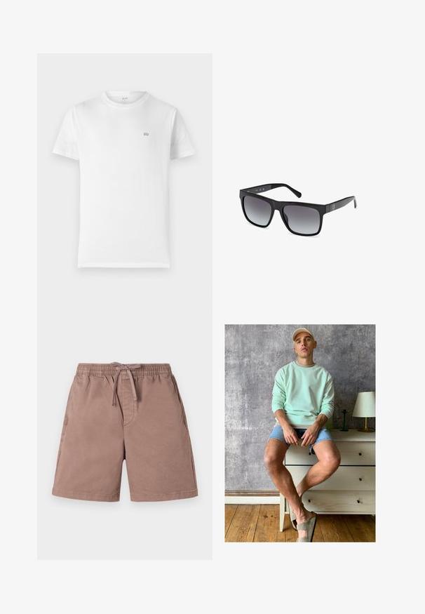 Biała bawełniana koszulka z klasycznym okrągłym dekoltem, krótkim rękawem oraz małym, szarym logo GAP po lewej stronie klatki piersiowej. Prosty, bez zdobień krój.; Jasnobrązowe szorty wykonane z miękkiego materiału, z elastycznym pasem i sznurkiem do regulacji. Posiadają kieszenie boczne oraz luźny krój.; Miętowy sweter, dżinsowe szorty i oliwkowe buty wsuwane. Siedząc na jasnym komodzie przy teksturowanej szarej ścianie.; Guess - Okulary przeciwsłoneczne