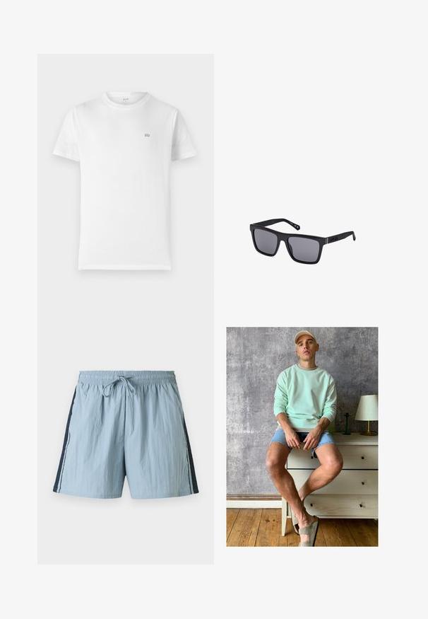 Bijela pamučna majica s klasičnim okruglim izrezom, kratkim rukavima i malim, sivim GAP logom na lijevoj strani prsnog koša. Jednostavan, neukrašen dizajn.; Svijetloplave kupaće hlače s elastičnim pojasom i vezicom. Imaju tamnoplave bočne panele i bijele obrube uzduž stranica. Lagani materijal.; Majica mint zelene boje, traper šortsevi i maslinasto zelene slip-on cipele. Sjedi na svijetlom komodi uz pozadinu s teksturiranom sivom zidnom površinom.; Crne pravokutne sunčane naočale s tamnim lećama, mat završetkom i detaljem logotipa na ručki. Dizajn ima ravne rubove i debele okvire.