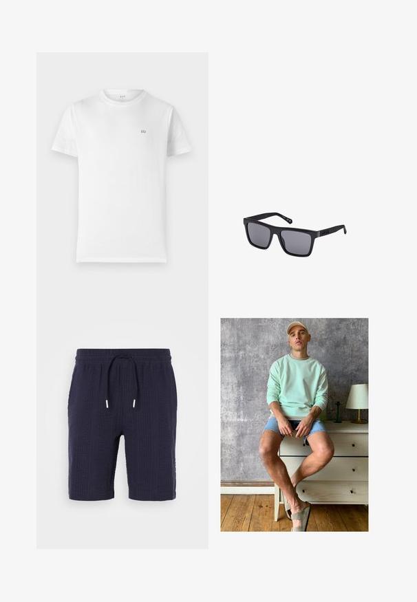 Hvit bomulls t-skjorte med klassisk rund hals, korte ermer og en liten, grå GAP-logo på venstre bryst. Enkel, uutsmykket design.; Marineblå shorts med et teksturert mønster, elastisk midjebånd og snøring. Har en avslappet passform og lengde over kneet.; Mintgrønn hettegenser, denimshorts og olivengrønne slip-on sko. Sitter på en lysekrunget kommode mot en teksturert grå vegg.; Sorte rektangulære solbriller med mørke linser, en matt finish og logodetalj på stangen. Designet har rette kanter og tykke rammer.