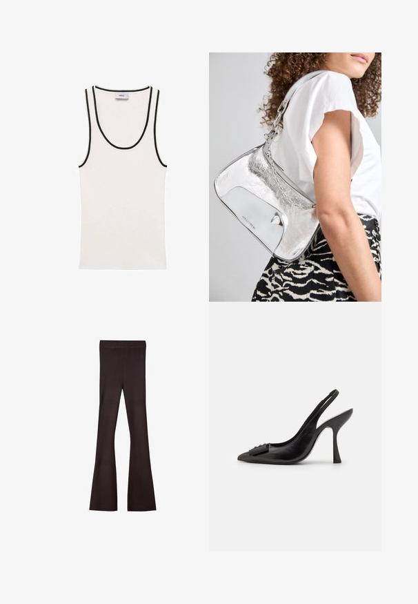 Canottiera bianca con texture a coste, caratterizzata da bordi neri lungo il collo e le aperture delle braccia. Design semplice senza maniche.; Bershka Pantaloni - dark brown; Scarpa a slingback nera in pelle con punta affilata, tacco alto e sottile, e un accentuato adorabile fiocco decorativo. Texture liscia e design elegante.; Borsa a spalla metallica argento con una texture liscia, design curvo, tracolla a catena e un pannello frontale lucido con una sottile incisione del logo.