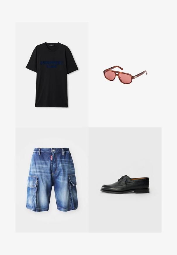 Zwart T-shirt met korte mouwen met "DSQUARED2 MILANO" in donkerblauw op de voorkant, plat gelegd op een witte achtergrond.; Denim cargoshorts met een relaxte pasvorm, lichtblauwe wassing, twee grote zijzakken en subtiele vervaagde details, met een elastische tailleband.; Zwarte leren schoen met een gestructureerde oppervlakte, ronde neus en een vetersluiting met twee gaatjes. Beschikt over een platte zool en minimalistische branding aan de zijkant.; Bruine schildpad zonnebril met roze lenzen. Heeft een hoekig ontwerp en het merksymbool "GCDS" in het wit op de arm.