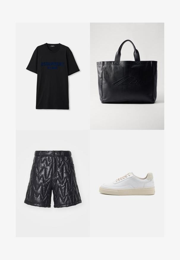 T-shirt noir à manches courtes avec "DSQUARED2 MILANO" imprimé en bleu foncé sur le devant, posé à plat sur un fond blanc.; Shorts noirs en tissu matelassé et brillant. Dotés d'une fermeture éclair, de poches avant et d'un motif de surpiqûre en zigzag sur la surface.; Sneaker blanche avec un dessus en cuir lisse, des lacets beige et un onglet de talon en daim beige texturé. Semelle surélevée pour une hauteur supplémentaire.; Sac cabas en cuir noir avec double anses supérieures, détail de logo en relief sur le devant, forme rectangulaire et texture lisse.