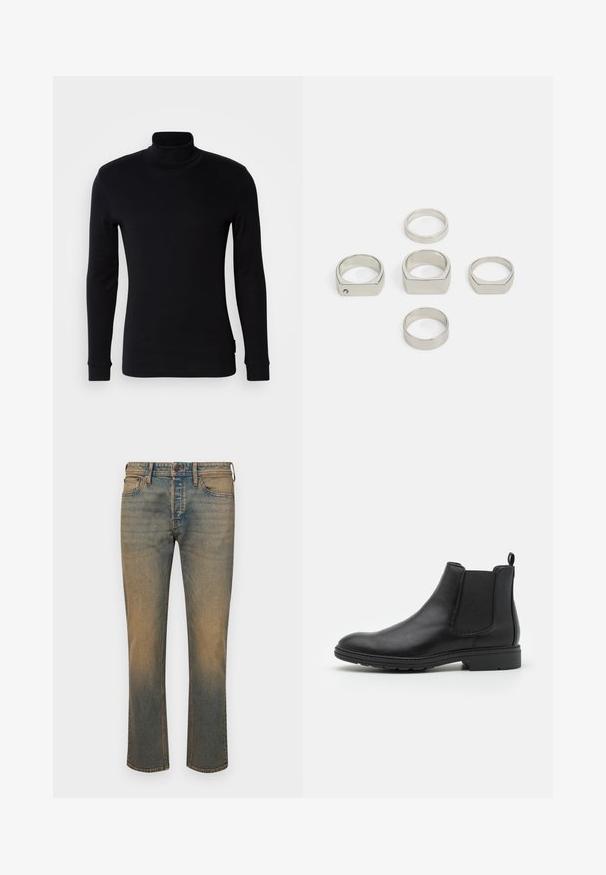 Crna dugosleeve majica s rol kragnom izrađena od mekog materijala. Ima kroj koji se prilagođava tijelu s rebrastim manžetama i glatkom teksturom. Bez uzoraka ili logotipa.; Izblijedjeli plavi traperice s ravnim krojem, koji imaju pet džepova, kontrastne šavove i nešto svjetliju boju na rubu.; Crne kožne Chelsea čizme s elastičnim bočnim panelima i povlačnom petom, s okruglim vrhom i teksturiranom gumenom potplatom.; Set od šest metalnih srebrnih prstenova u raznim oblicima, uključujući okrugle i kvadratne, sa glatkim teksturama i minimalističkim dizajnom.
