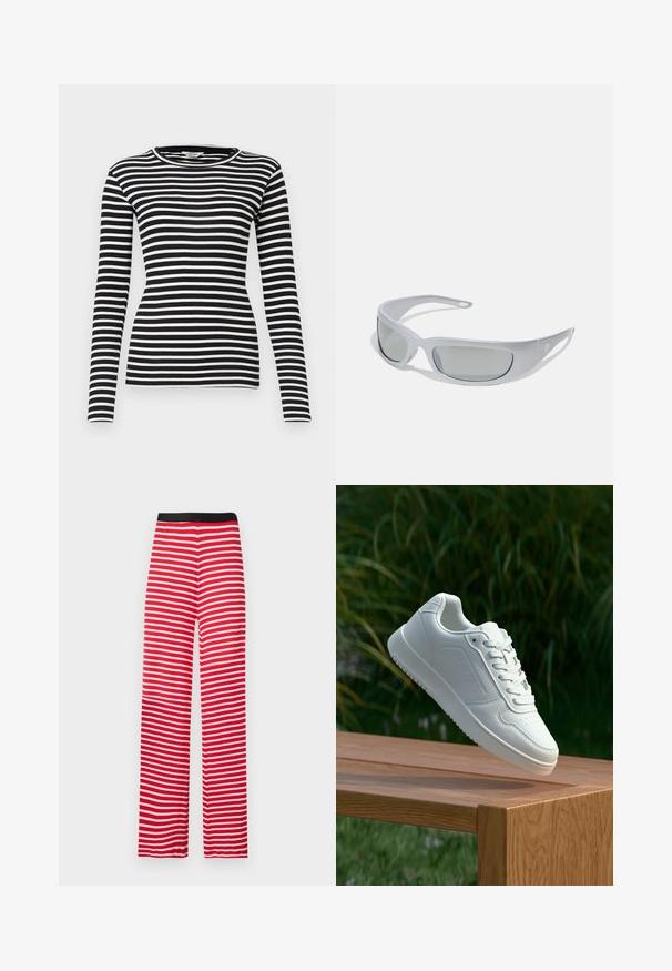 Camisa de manga larga a rayas en blanco y negro con cuello redondo y textura acanalada; diseño ajustado a lo largo del cuerpo y las mangas.; Pantalones de pierna ancha a rayas rojas y blancas con una cinturilla elástica negra, hechos de una tela suave, con rayas horizontales uniformes.; Zapatilla blanca con un upper sintético suave, caja de dedos perforada, cordones planos y una suela texturizada, exhibida sobre una superficie de madera.; Gafas de sol con un elegante marco de plástico gris, diseño curvado y lentes ahumados grises. Presentan un acento de logo en una de las patillas.