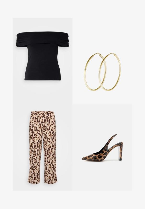 Svart av-axeln topp i mjukt tyg. Har gathered detaljering längs ärmarna och en figursydd siluett.; Leopardmönstrade byxor med elastisk midja, som har en blandning av beige och bruna nyanser. Tyget har en slät textur; beskuren ben design.; Leopardmönstrad slingback-pump med spetsig tå och transparent blockklack. Tillverkad av glansigt material med en slät textur.; Guldörhängen i form av hoops med en slät, rundad design och en glansig yta. Lätt konstruktion med en säker kläppen.
