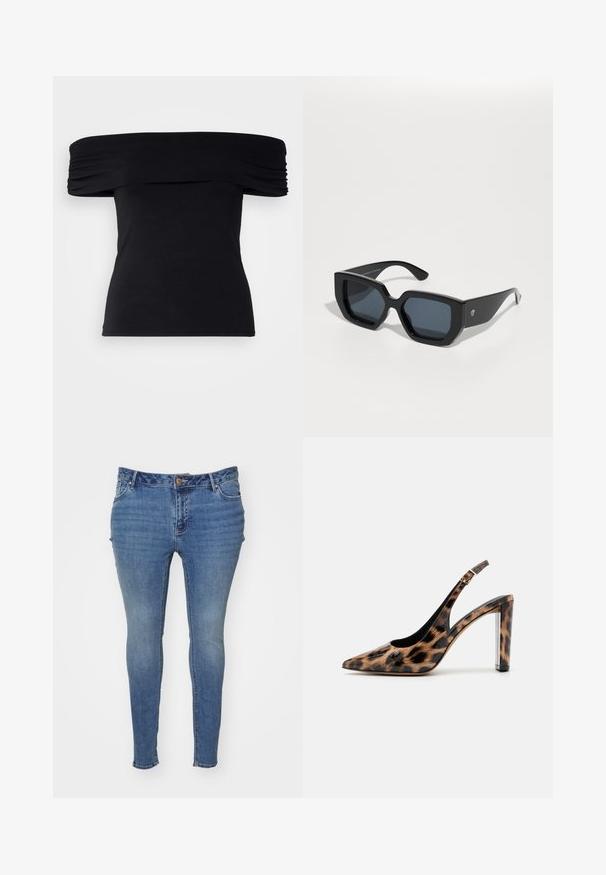 Must mustreel õlavarrest eemal olev särk, mis on valmistatud pehmest kangast. Omab volditud detaile varrukatel ja sobivat siluetti.; Kitsad sinised teksad, mis on valmistatud teksatööst ja millel on pleekinud viimistlus. Omavad viit taskut ja nupu kinni hoidmise süsteemi vööl.; Leopardimustriga saadaval sanga pump kõrge kontsaga, millel on terav varvas ja läbipaistev plokktald. Valmistatud läikivast materjalist, millel on sile tekstuur.; Mustad ümmargused prillid, millel on geomeetriline disain, ristküliku kuju läätsed ja läikiv viimistlus. Ees pole nähtavat brändingut.