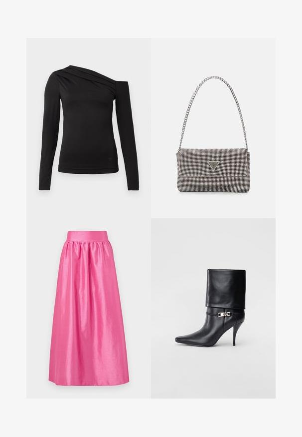 Top manica lunga nera con scollatura asimmetrica, caratterizzato da una spalla scoperta e delicate drappeggi sul petto.; Lunga gonna in satin rosa con vita arricciata e silhouette fluida. Texture liscia con una finitura lucida.; Stivale ankle in pelle nera con punta affusolata, alto tacco a stiletto, risvolto sulla caviglia e un elegante dettaglio in oro con fibbia decorativa.; Borsa a mano metallica grigia chiara con tracolla a catena, impreziosita da piccoli chiodi metallici circolari e da un logo triangolare del marchio.