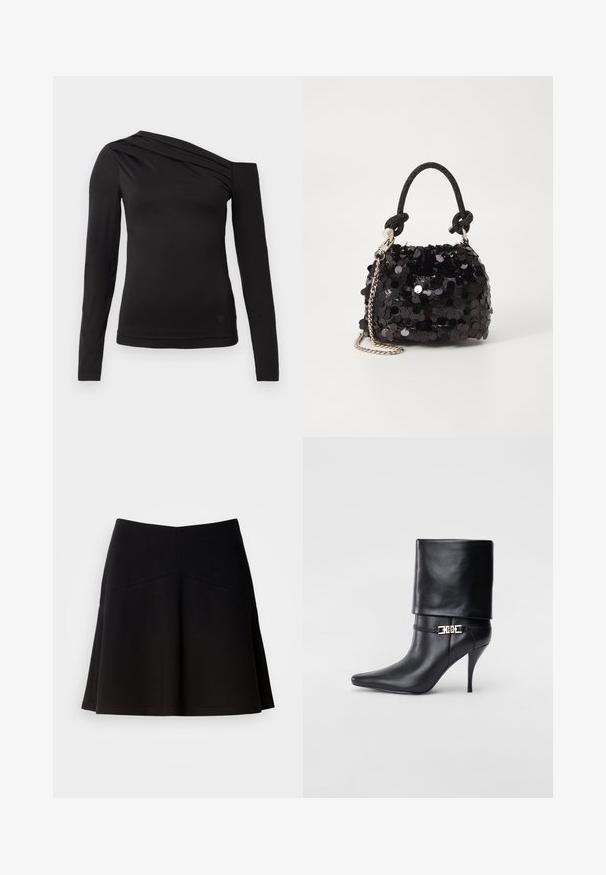 Must emapnevarblouse mustaga, millel on asümmeetriline kaelus, avatud on üks õlg ja rindkere peal on pehmed volangid.; Mustmust muströöd pehme kangaga, millel on sobiv vöökoht ja õmblustega detailid. Sile tekstuur ja lihtne, klassikaline disain.; Mustad nahast pahkluu saapad terava nina, kõrge stilettokanna, volditud äärega ja kuldse dekoratiivse pandlaga pahkluul.; Must have mustrõngus mustal sädelev mini käekotil on sõlme tekstuuriga rihm ja hõbedane ketis. Ümar kuju, kokku kogutud ülaosa ja peegeldav detail.