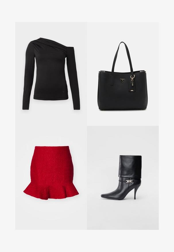 Top negro de manga larga con un escote asimétrico, que presenta un hombro al descubierto y un suave drapeado en el pecho.; Mini falda roja texturizada con dobladillo con volantes. Fabricada en tejido tejido, presenta una silueta ajustada y un patrón sutil en toda la prenda.; Botín de cuero negro hasta el tobillo con punta afilada, tacón alto de aguja, puño doblado y un detalle decorativo de hebilla dorada en el tobillo.; Bolso tote negro hecho de material sintético texturizado, con dos asas, una placa de logo dorada y una pequeña etiqueta con un detalle de acento.