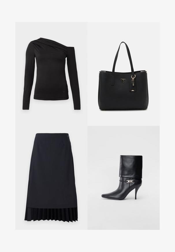 Zwart langemouwen top met een asymmetrische halslijn, waarbij één schouder bloot is en zachte draping over de borst valt.; Zwarte pencilrok met een geplooid zoom, getailleerde pasvorm en een soepele textuur. Inclusief een discrete zijrits en minimalistische details.; Zwarte leren enkelboot met een spitse neus, hoge stilettohak, opgevouwen manchet en een gouden decoratieve gespdetails op de enkel.; Zwarte tote bag van gestructureerd synthetisch materiaal, met twee handvatten, een gouden logo plaatje en een klein label met accentdetail.
