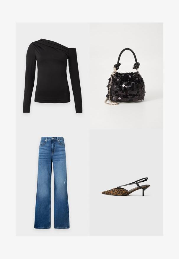 Crni dugi rukav vrh s asimetričnom izrezom, s jednim ramenom otkrivenim i nježnim drapiranjem preko grudnog dijela.; Široke plave traperice s laganim izbljedjivanjima, s pet džepova i standardnim pojasom s kopčanjem na dugme. Glatka tekstura.; Sandal sa zmijom uzorkom, s šiljastim nožnim dijelom, crnim remenom i tankom petom. Tkanina s teksturiranom površinom.; Crna mini torbica sa šljokicama, s čvorastim teksturiranim remenom i srebrnim lancem. Zaobljenog oblika s naboranim vrhom i reflektivnim detaljima.