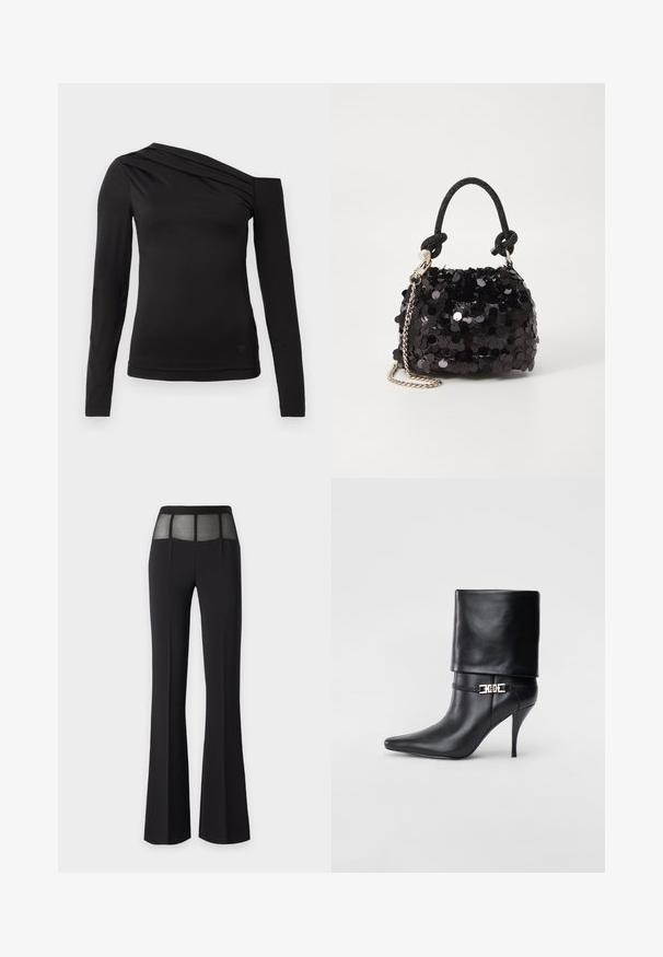 Svart långärmad topp med asymmetrisk halsringning, som har en axel bar och mjuk drapering över bröstet.; Svarta byxor med utsvängda ben och ett genomskinligt meshnät vid midjan. Den släta texturen och den skräddarsydda designen förbättrar den övergripande passformen och finishen.; Svart läderankelstövel med spetsig tå, hög stilettklack, vikbar mudd och ett dekorativt guldfärgat spänne på ankeln.; Svart paljett mini-handväska med en knuten texturerad rem och silverkedja. Rund form med samlad topp och reflekterande detaljer.