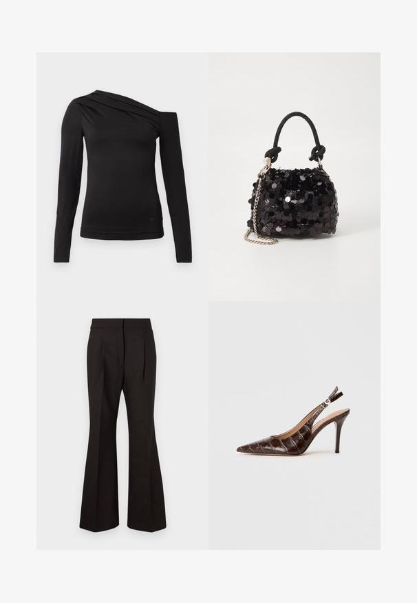 Top negru cu mâneci lungi și decolteu asimetric, având un umăr expus și drapaj delicat pe piept.; Pantaloni negri evazați cu o textură netedă, având talie înaltă, buzunare laterale și pliuri frontale pentru un plus de detaliu în design.; Pantof cu toc slingback din piele embossată cu crocodil, de culoare maronie, cu vârf ascuțit, laterale deschise și tocuri subțiri înalte. Proiectat cu un sistem de ajustare prin cataramă.; Geantă mini neagră cu paiete, cu un umar texturat înnodat și un lanț argintiu. Formă rotundă cu partea de sus adunată și detalii reflectorizante.