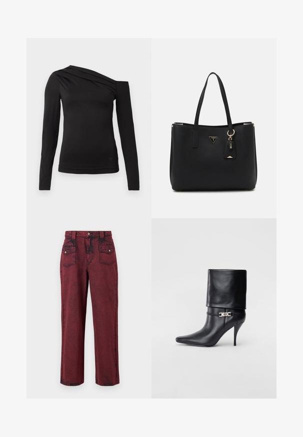 Čierny dlhý rukáv top s asymetrickým výstrihom, ktorý odhaľuje jedno rameno a má jemné drape po hrudi.; Červené denimové nohavice so zašlým textúrovaním, s rovným strihom, prednými vreckami a priliehavým pásom. Obsahujú čierne švy ako akcenty.; Čierna kožená členková topánka s špicatou špičkou, vysokým ihlovým podpätkom, prehnutým manžetom a zlatým dekoratívnym sponou na členku.; Čierna taška cez plece vyrobená z textúrovaného syntetického materiálu, so zatahovacími popruhmi, zlatou logovou tabuľkou a malou značkou s akcentovou detailou.