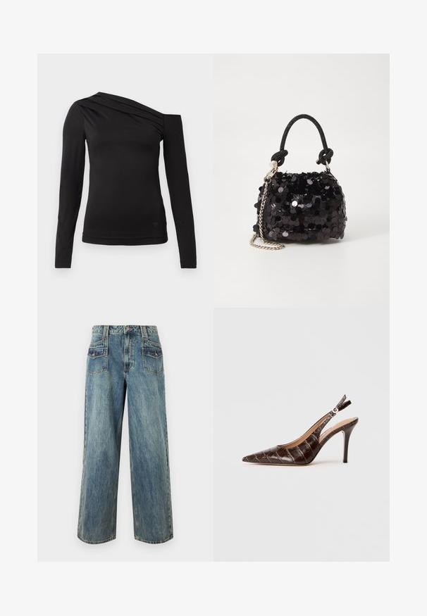 Fekete, hosszú ujjú felső aszimmetrikus nyakkivágással, amelyen az egyik váll szabadon van, és finom redők futnak a mellkason.; Világoskék farmer, széles szárú nadrág, magas derekú szabással, öt zsebbel, látható varrásokkal és enyhén megkopott textúrával.; Barna, krokodilbőr hatású bőr slingback pumpa hegyes orral, nyitott oldalakkal és vékony, magas sarkú kialakítással. Csattal állítható.; Fekete flitteres mini kézitáska csomózott textúrájú pánttal és ezüst lánccal. Lekerekített forma, ráncolt tetejével és fényvisszaverő részletekkel.
