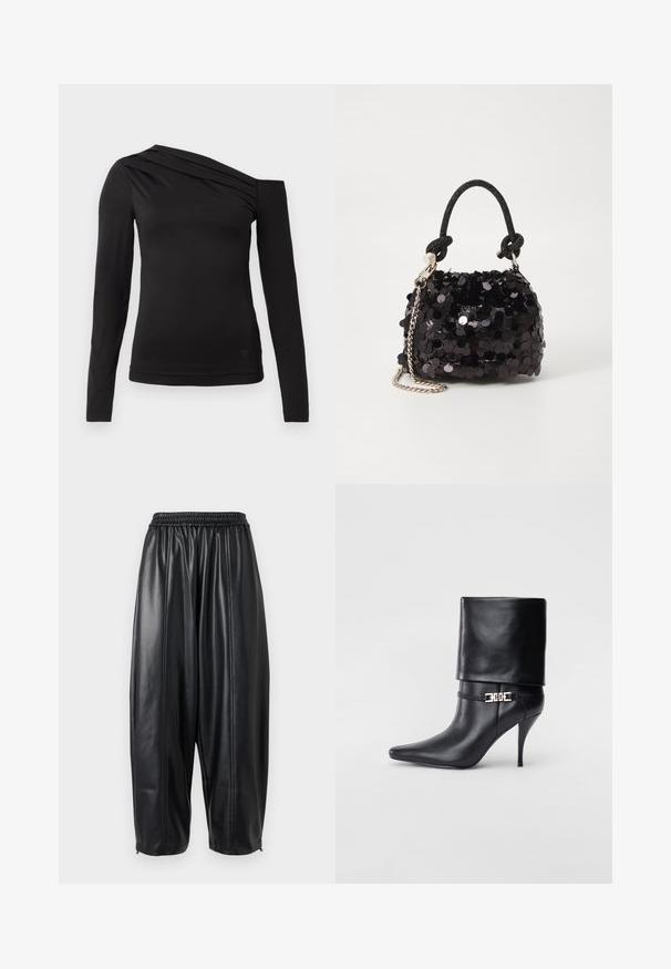 Svart långärmad topp med asymmetrisk halsringning, som har en axel bar och mjuk drapering över bröstet.; Svarta läderbyxor med avslappnad passform, som har resårmidja och avsmalnande ärmar. Slät yta med sydda detaljer.; Svart läderankelstövel med spetsig tå, hög stilettklack, vikbar mudd och ett dekorativt guldfärgat spänne på ankeln.; Svart paljett mini-handväska med en knuten texturerad rem och silverkedja. Rund form med samlad topp och reflekterande detaljer.