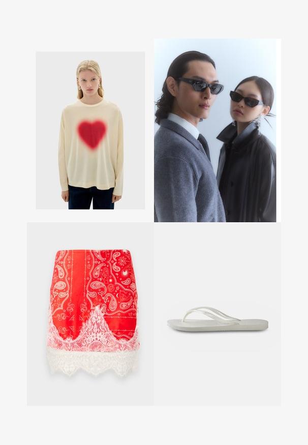 Cream long-sleeve shirt with a large, red heart graphic in the center, featuring a soft texture and relaxed fit, paired with dark denim pants.; Red mini skirt with white paisley and mystical prints, trimmed with white floral lace at the hem.; White flip-flop with a textured sole, featuring thin straps and a flat design. Made of rubber with a subtle logo on the footbed.; Sunglasses with angular black frames on model with a gray sweater, showcasing textured knit and a black leather jacket worn by another model.