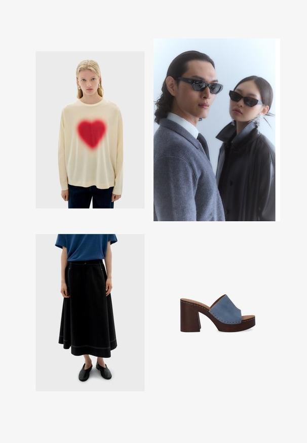 Cremfarbene Langarmbluse mit einem großen roten Herz-Graphic in der Mitte, mit weichem Material und lässigem Schnitt, kombiniert mit dunklen Jeans.; Schwarzer langer Rock mit sichtbaren weißen Nähten, kombiniert mit einem blauen kurzärmeligen Oberteil und schwarzen Schuhen. Das Material scheint weich und fließend zu sein.; Blaue Leder-Sandalen mit breitem Riemen und einem gestapelten braunen Blockabsatz, der sichtbare Nähte entlang der Kanten aufweist.; Sonnenbrille mit eckigen schwarzen Rahmen, getragen von einem Modell mit einem grauen Pullover, der ein strukturiertes Strickmuster zeigt, sowie einer schwarzen Lederjacke, die von einem anderen Modell getragen wird.; Reißverschlussbeutel in Dunkelblau, aus glänzendem Material, mit einer glatten Textur und dezentem Branding auf der Vorderseite. Kompakte und vielseitige Gestaltung.