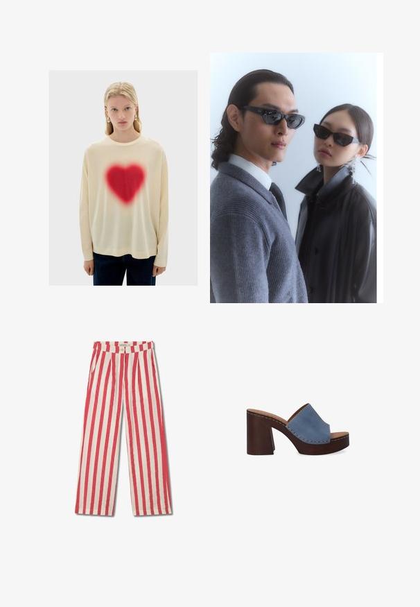 Crème kleurige longsleeve shirt met een grote, rode hartgraphic in het midden, gekenmerkt door een zachte textuur en een ontspannen fit, gecombineerd met donkere denim broek.; Rood-witte gestreepte wijde broek met een knoopsluiting, plooien en zijzakken. Gemaakt van een lichtgewicht stof.; Blauwe leren slidersandalen met een brede band en een gestapelde bruine blokhak, met zichtbare stiksels langs de randen.; Zonnebril met hoekige zwarte frames op een model in een grijs sweater, waarin een gestructureerde brei te zien is, en een zwart leren jack gedragen door een ander model.; Gevoerd tasje in donker navy, gemaakt van glanzend materiaal, met een gladde textuur en subtiele branding aan de voorkant. Compact en veelzijdig ontwerp.