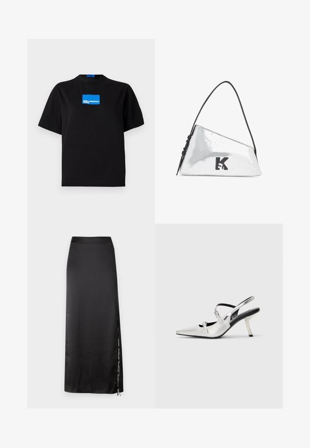 Crna pamučna majica s okruglim izrezom, koja na prednjoj strani ima plavi pravokutni grafički logo s natpisom "KARL LAGERFELD JEANS".; Crna saten maxi suknja s visokim strukom, bočnim prorezom i kontrastnim tekstualnim detaljem duž pitanja. Glatka tekstura, prilagođen dizajn.; Srebrne sandale s remenom u peti, s špicastim prstom, koje imaju glatki metalni finiš, usku petu i dekorativne detalje na remenu.; Srebrna metalik torba za ruke u obliku trokuta, s crnim remenom za rame i utisnutim 'K' logotipom sprijeda. Glatka, sjajna tekstura.